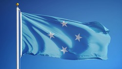 Federated States of Micronesia flag waving against clean blue sky, close up, isolated with clipping path mask alpha channel transparency