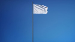Empty white clear flag waving against clean blue sky, long shot, isolated with clipping path mask alpha channel transparency
