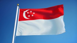 Singapore flag waving against clean blue sky, close up, isolated with clipping path mask alpha channel transparency