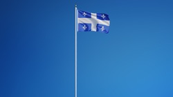 Quebec flag waving against clean blue sky, long shot, isolated with clipping path mask alpha channel transparency