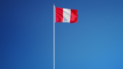Peru flag waving against clean blue sky, long shot, isolated with clipping path mask alpha channel transparency