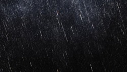 Falling raindrops footage animation in slow motion on dark black background with fog, lightened from top, rain animation with start and end, perfect for film, digital composition, projection mapping