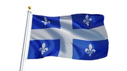 Quebec flag waving on white background, close up, isolated with clipping path mask alpha channel transparency