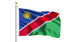 Namibia flag waving on white background, close up, isolated with clipping path mask alpha channel transparency