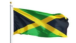 Jamaica flag waving on white background, close up, isolated with clipping path mask alpha channel transparency