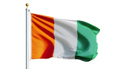 Cote Ivoire flag waving on white background, close up, isolated with clipping path mask alpha channel transparency