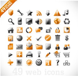 new set of 49 glossy web icons and design elements in orange and gray