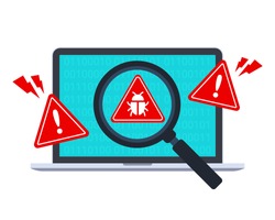 Computer bug detection icon. System error warning on a laptop. Emergency alert. Scanning for malware, virus, scam, or bug with a magnifying glass. Antivirus concept. Illustration with the flat style.
