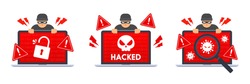 Collection of computer hacking icon. System error warning on laptop. Emergency alert of threat by malware, virus, trojan, ransomware, or hacker. Creative antivirus concept. Flat vector illustration.