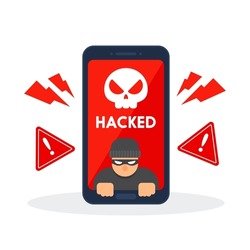 Smartphone with hacker and hacked message. Danger warning on mobile. Emergency alert of threat by malware, virus, trojan, or hacking. Creative antivirus or security concept. Trendy flat graphic icon.