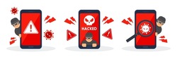 Collection of system error warnings on smartphones. Emergency alert of threat by malware, virus, trojan, ransomware, or hacker. Creative cyber crime concept. Vector flat style icon illustration.