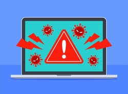 System alert warning about computer viruses in laptop. Technology threat of virus, malware, ransomware, trojan, or hacking. Cybercrime or antivirus concept. Flat cartoon vector icon illustration.