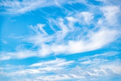 Stratus-cirrus high-altitude clouds in the stratosphere. Background with white clouds floating above the ground at flight altitude. Picture for weather forecast. Nature, air, freedom. 