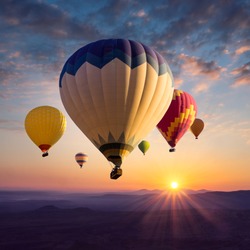 Hot air balloons above ultraviolet mountain silhouettes in golden sunlight. Sunrise in bright colors for your stories about travel dreams, active leisure or adventure.