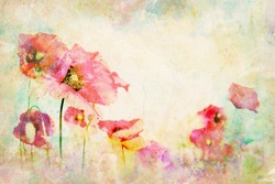 Watercolor flowers - wallpaper with illustration of poppy. Multicolor wash drawing with floral composition. Paper texture background with poppies painting. 