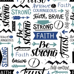 Seamless pattern with hand drawn words Faith, Strong, Brave, Trust. Biblical background. Christian design. Scripture print. 
