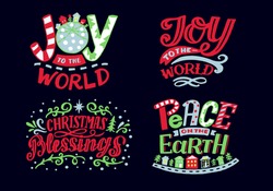 Set with hand lettering quotes Joy to the world, Christmas Blessings, Peace on earth. Biblical background. Modern calligraphy Scripture print. Christian poster. 