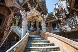 Beautiful staircase at Sanctuary of Truth. The Sanctuary of Truth is a all wood construction located at Pattaya Thailand