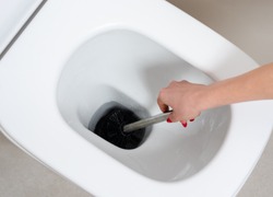 Woman cleaning the toilet bawl with a brushCleaning the bathroom and toilet  of own house  or  restaurant , hotel  .