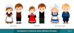 Belgium, France, Netherlands. Men and women in national dress. Set of european people wearing ethnic traditional costume. Isolated cartoon characters. Western Europe. Vector flat illustration.