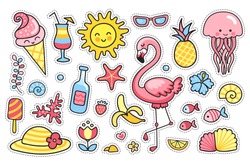 Flamingo, jellyfish, sun, cute animals, tropical fruit, flowers, ice cream, banana, pineapple. Set of cartoon stickers, patches, badges, pins, prints for kids. Doodle style. Vector illustration.
