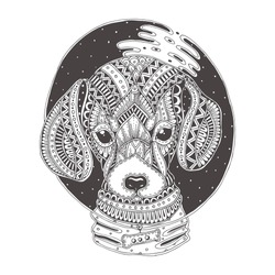  Hand-drawn dog with ethnic floral pattern. Coloring page - zendala, design for  relaxation and meditation for adults, vector illustration, isolated on a white background. Zen doodles