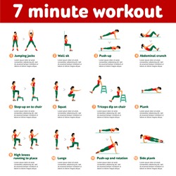  7 minute workout. Fitness, Aerobic  and workout exercise in gym. Vector set of gym icons in flat style isolated on white background. People in gym. Gym equipment, dumbbell, weights, treadmill, ball.