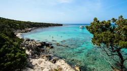 A view of a Blue Lagoon near Polis city, Akamas Peninsula National Park, Cyprus, famous blue lagoon place