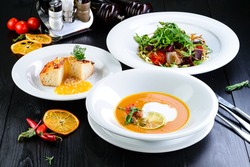 Three-course set menu for a nutritious healthy lunch in a restaurant, Three course set on a table in a business lunch, food set lunch