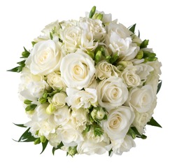 Bridal bouquet of white rose in bright colors with blue handle isolated on white