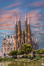 View of the Sagrada Familia in Barcelona with the sunset sky