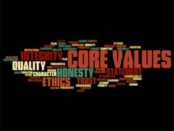 Vector conceptual core values integrity ethics abstract concept word cloud isolated on background metaphor to honesty, quality, trust, statement, character, important, perseverance respect trustworthy