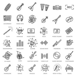 Music web icon set - outline icon set, vector, thin line icons collection