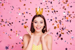 Wow omg! Emotion expressing luxury romantic summer carnival event concept. Close up portrait of adorable lovely tender cute sweet magic pretty charming girl with golden crown holding hands near face