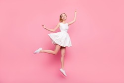 Freedom legs stylish feet glamorous people  teenager teen age restless concept. Full-length full-size portrait of excited surprised attractive careless inspired girl jumping up isolated on background