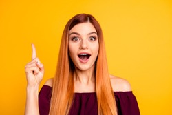 Yes! I knew it! Close up photo portrait of clever intelligent attractive charming lady with opened mouth looking in camera holding forefinger up isolated bright background