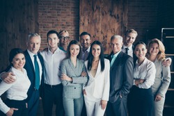 Portrait of nice cheerful elegant classy stylish trendy professional diverse business people sharks gathering international company founders at workplace station wood loft interior