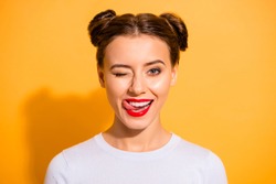 Close up photo of charming flirty adorable lady on holiday licking her lips pomade to attract boy men student have relationships isolated over vivid background dressed in white cotton jumper