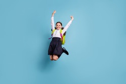 Full size photo of crazy school lady jump high classroom friends 1 september wear white shirt skirt suit isolated blue background