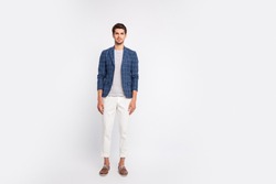 Full body photo of focused charming freelancer ready to work in company wear checkered plaid blazer jacket footwear pants trousers isolated over white background