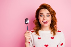 Close-up portrait of her she nice attractive lovely funky comic cheerful cheery wavy-haired girl licking lip want wish tasty yummy delicious festal meal isolated on pink pastel color background