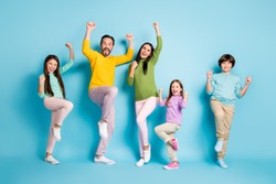 Full length body size view of nice attractive lovely adorable ecstatic overjoyed cheerful cheery big full family celebrating luck isolated on bright vivid shine vibrant blue color background