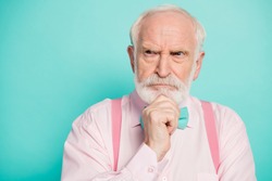 Close up photo of pensive minded old man look copyspace think thoughts want decide decisions solutions wear stylish shirt isolated over turquoise color background