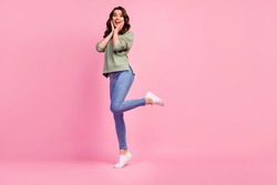 Full body photo enthusiastic astonished girl look good wonderful black friday bargain information impressed scream touch hands face wear sweater sneakers isolated pastel color background