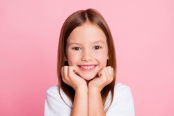 Close-up portrait of her she nice-looking attractive lovely kind sweet cute cheerful cheery foxy ginger pre-teen girl enjoying good mood isolated on pink pastel color background