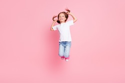 Silky smooth haircut salon therapy good even kids ads concept, Full body photo of lovely child girl jump hold hands her hair wear denim white t-shirt isolated pastel color background