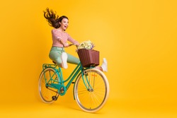 Full length body size photo of funny girl shouting riding bicycle keeping legs up isolated on vivid yellow color background