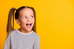 Portrait of happy excited amazed open mouth kid child girl look in copyspace isolated on yellow color background