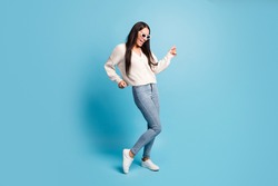 Full body profile portrait of cool person dance make moves enjoy weekend isolated on blue color background