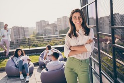 Photo of girl have work meeting outdoors on urban city terrace